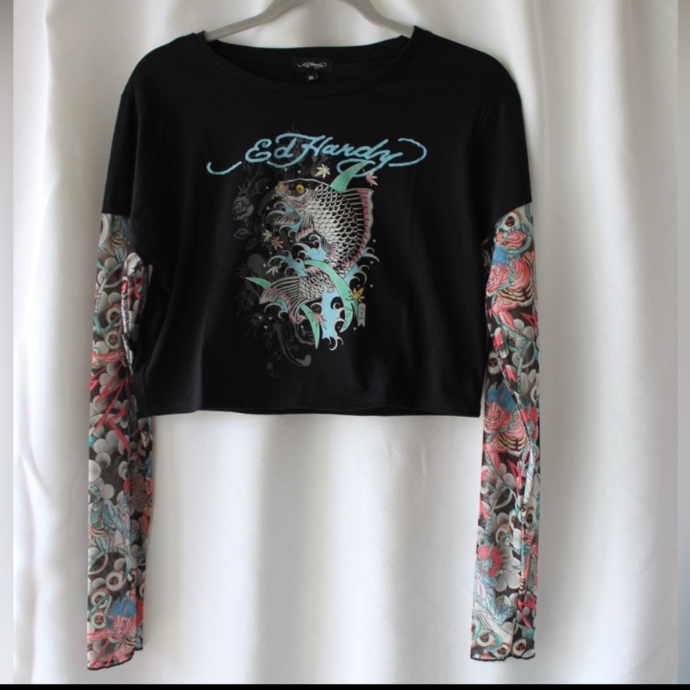 Ed Hardy Black layered mesh tattoo sleeve Koi fish crop top shirt, size XL